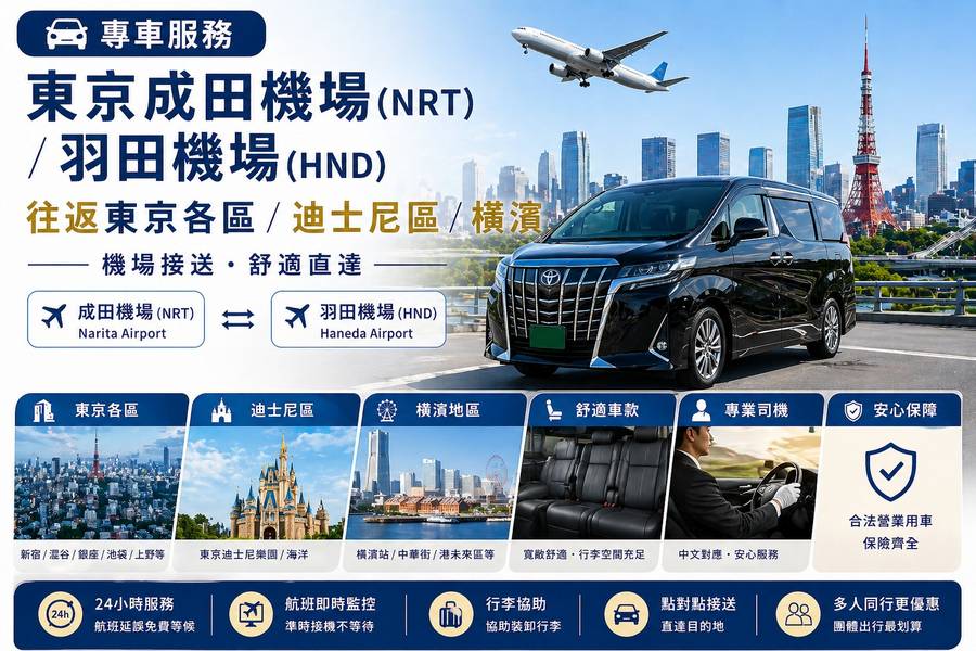 
                                                                                                        【日本】專車服務｜東京成田機場（NRT）/ 羽田機場（HND）往返東京各區 / 迪士尼區/ 橫濱｜機場接送
                                                                                                        