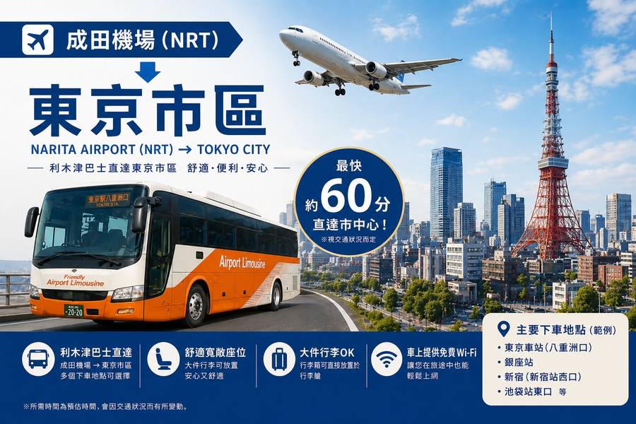 
                                                                                                        【日本】東京｜利木津巴士｜成田機場（NRT ）至東京市區｜單程車票
                                                                                                        